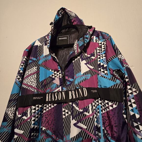 Reason Brand 80s 90s Retro Pullover Windbreaker XL Zip AOP Abstract Geometric - Picture 4 of 13